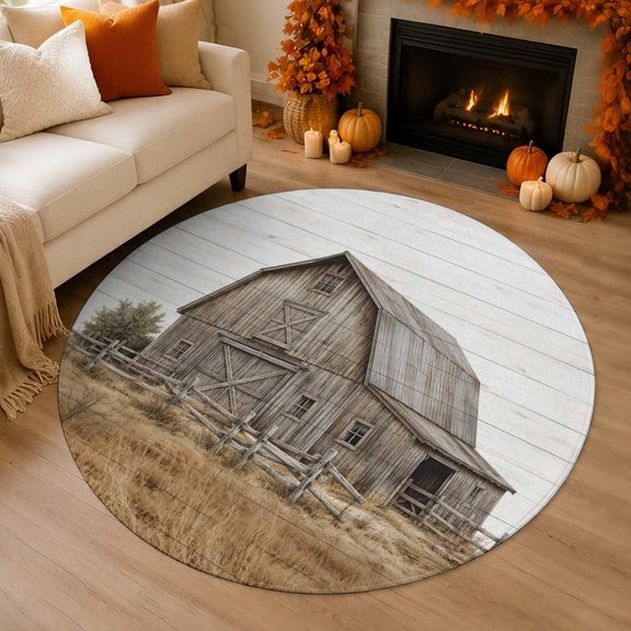 Farmhouse 5' Round Rugs for Lounge Area Dining Table for 4 People, Charcoal Gray Wooden Barn Dry Hay Field Beige Stripes Washable Non Slip Circle Area Rug for Reading Nook