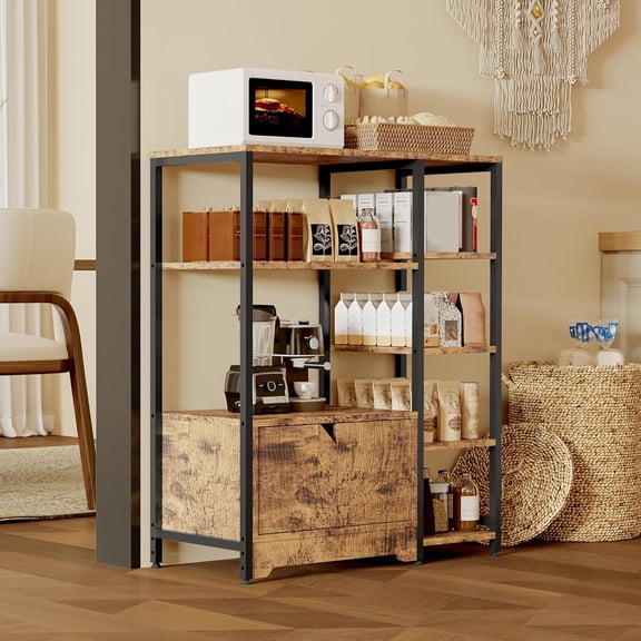 Farmhouse 5-Tier Bakers Rack with Cabinet, Microwave Stand, Coffee Bar & Kitchen Organizer