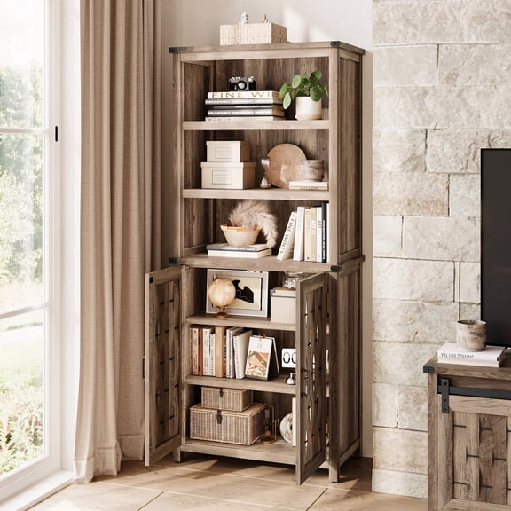 72 Inch Tall 6 Tier Farmhouse Bookcase with Door and Adjustable Shelves Light Brown