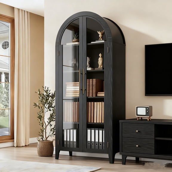 Memoryfield Farmhouse 5 Tier Bookcase Display Shelf, with Adjustable Shelf and 2 Large Glass Doors, Arched Kitchen Pantry Cabinet, Versatile Storage Cupboard, Black