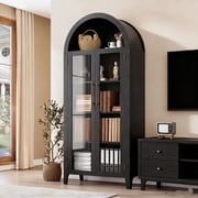 Memoryfield Farmhouse 5 Tier Bookcase Display Shelf, with Adjustable Shelf and 2 Large Glass Doors, Arched Kitchen Pantry Cabinet, Versatile Storage Cupboard, Black