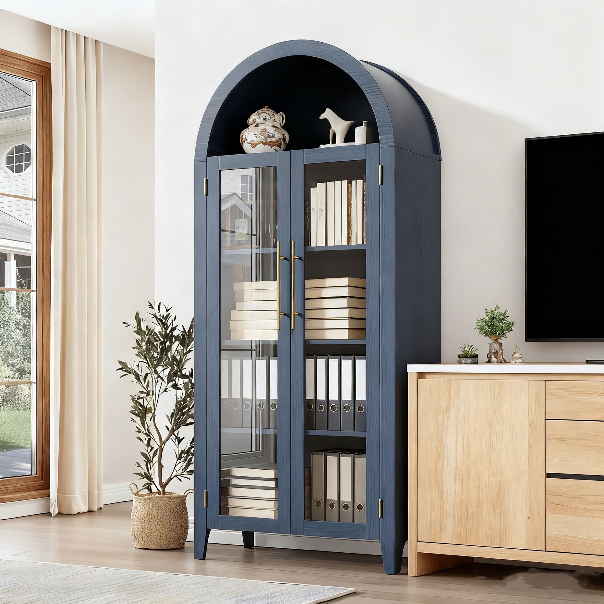 Memoryfield Farmhouse 5 Tier Bookcase Display Shelf, with Adjustable Shelf and 2 Large Glass Doors, Arched Kitchen Pantry Cabinet, Versatile Storage Cupboard, Night Blue