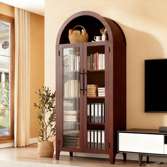 Memoryfield Farmhouse 5 Tier Bookcase Display Shelf, with Adjustable Shelf and 2 Large Glass Doors, Arched Kitchen Pantry Cabinet, Versatile Storage Cupboard, Walnut