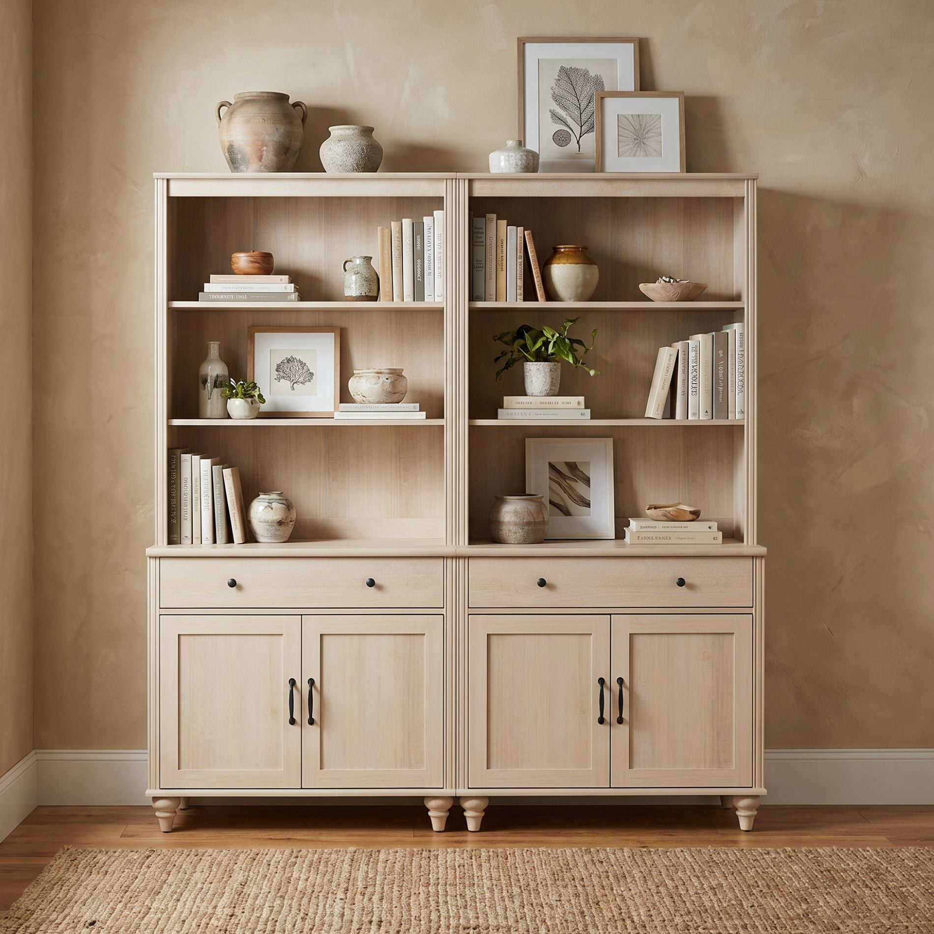 Farmhouse 5 Tier Bookcase With 2 Drawers and 4 Doors, Beige, 67.7" W