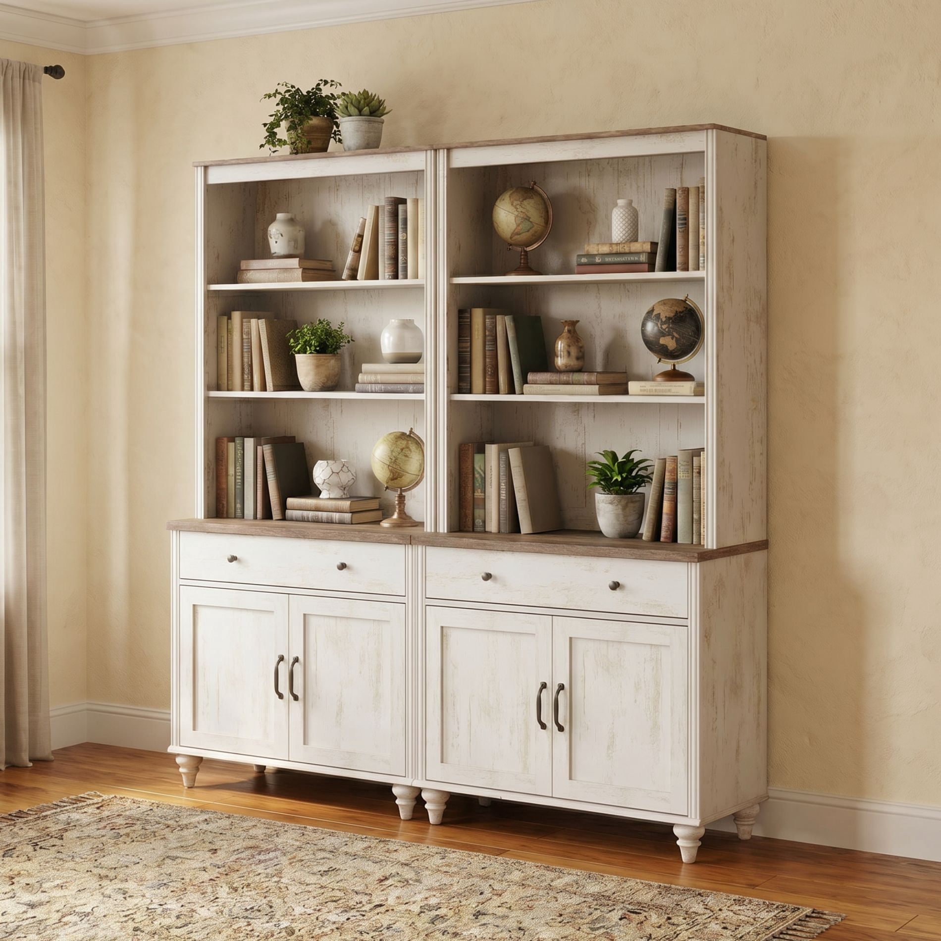 Farmhouse 5 Tier Bookcase With 2 Drawers and 4 Doors, Rustic White, 67.7" W