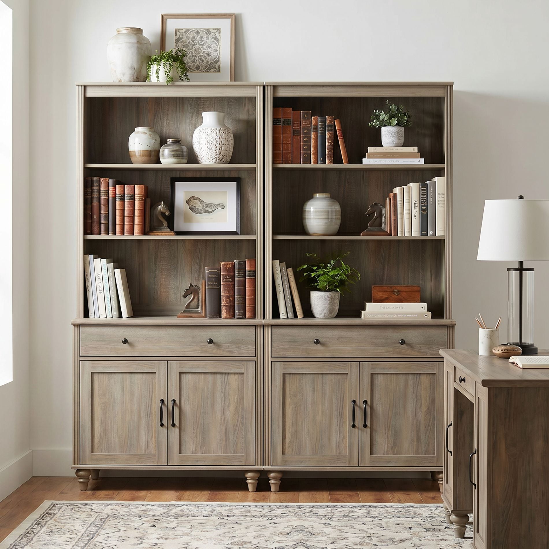 Farmhouse 5 Tier Bookcase With 2 Drawers and 4 Doors, Wash Gray, 67.7" W