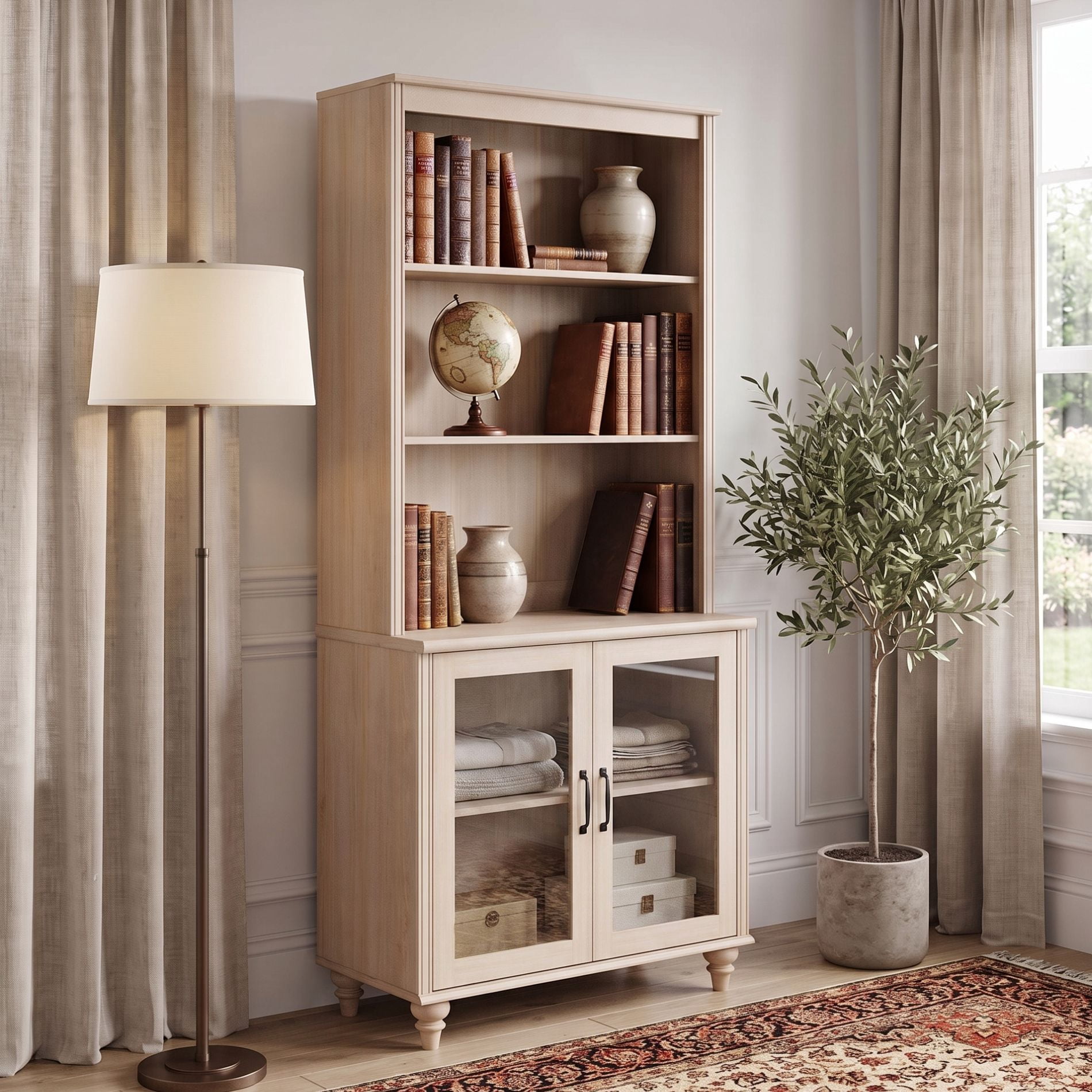 Farmhouse 5 Tier Bookcase With 2 Glass Doors, Beige, 33.9" W