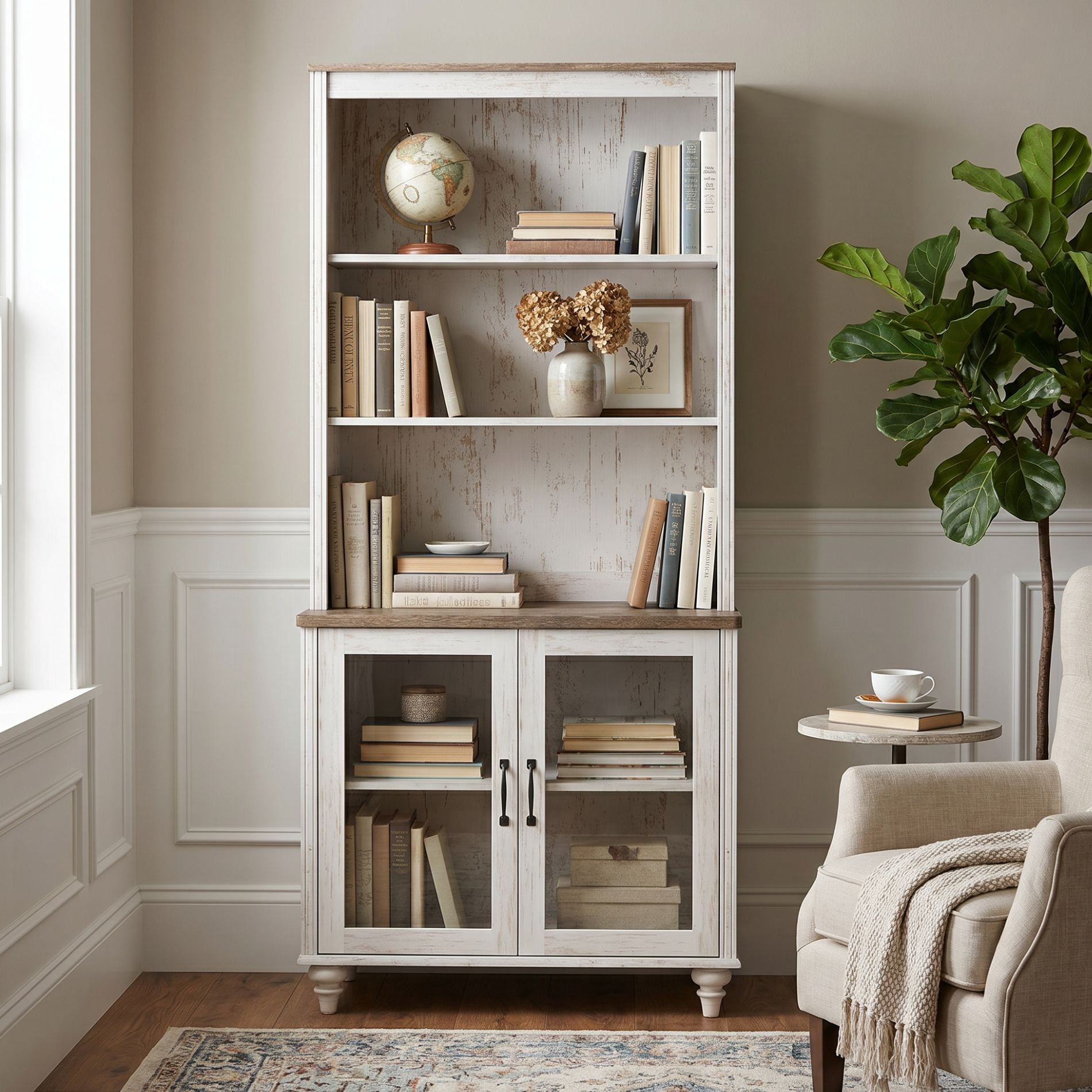 Farmhouse 5 Tier Bookcase With 2 Glass Doors, Rustic White, 33.9" W