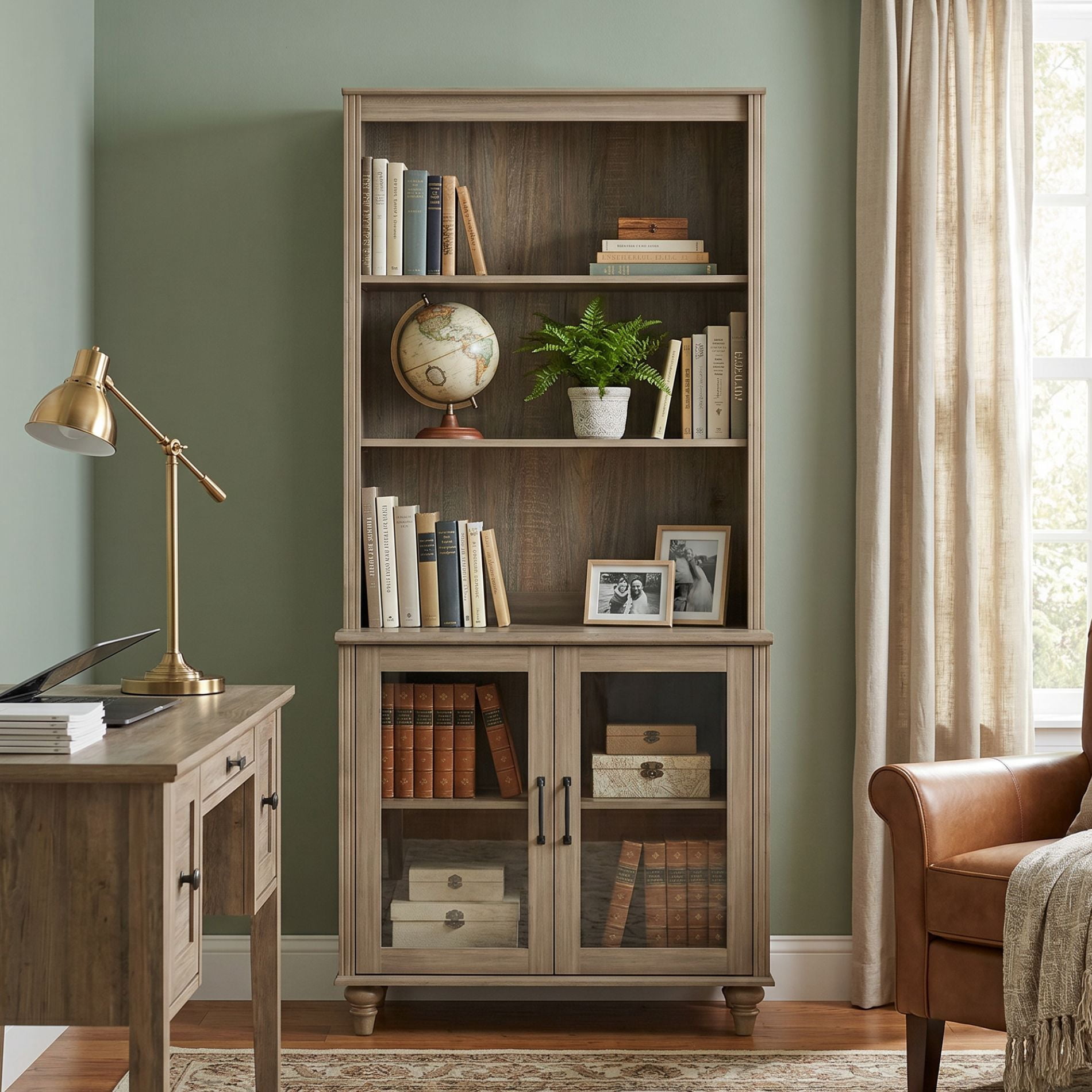 Farmhouse 5 Tier Bookcase With 2 Glass Doors, Wash Gray, 33.9" W