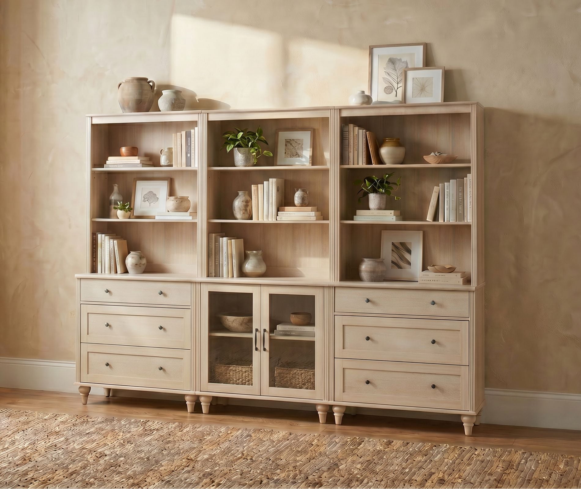 Farmhouse 5 Tier Bookcase With 2 Glass Doors and 6 Drawers, Beige, 101.6" W