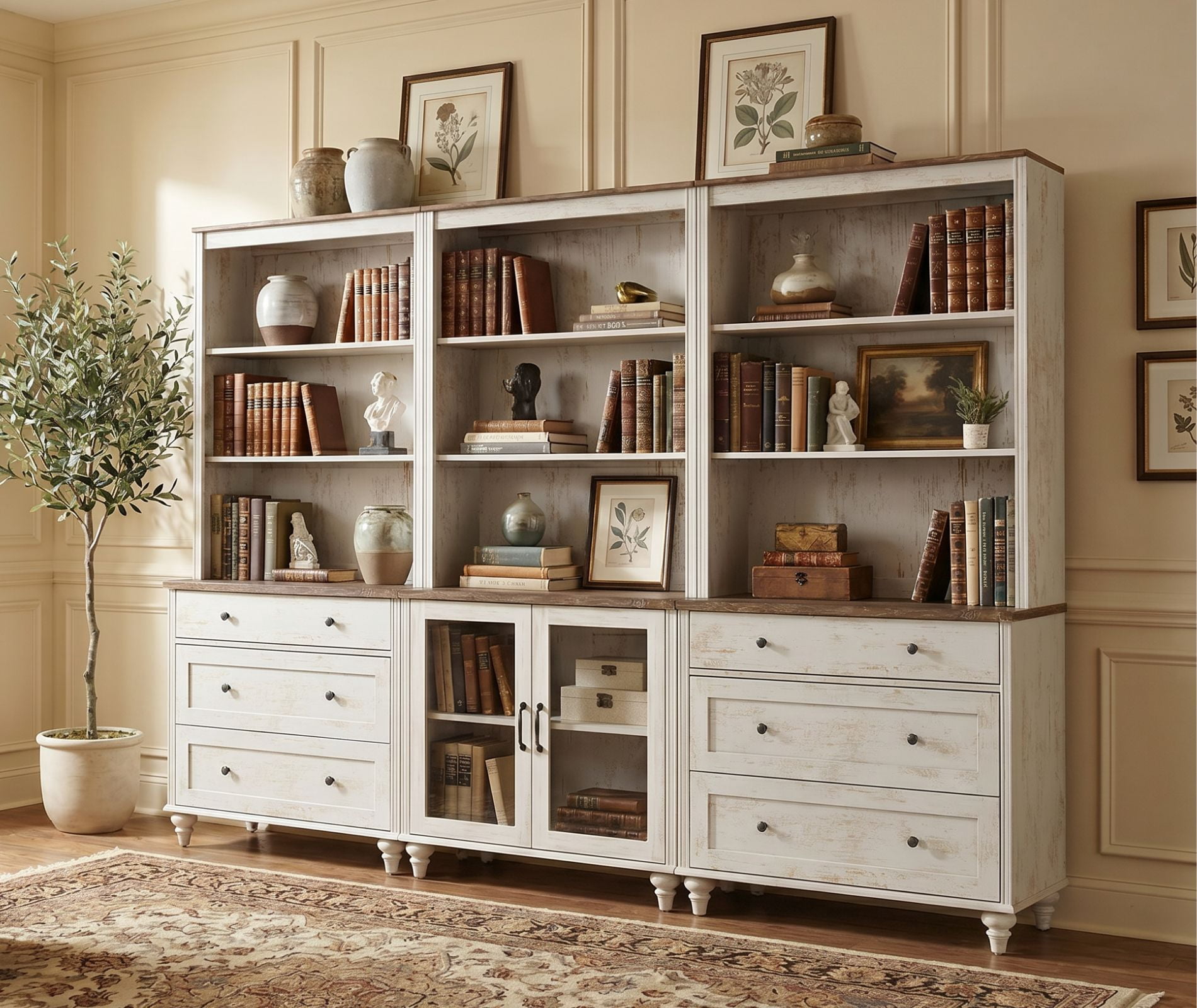 Farmhouse 5 Tier Bookcase With 2 Glass Doors and 6 Drawers, Rustic White, 101.6" W