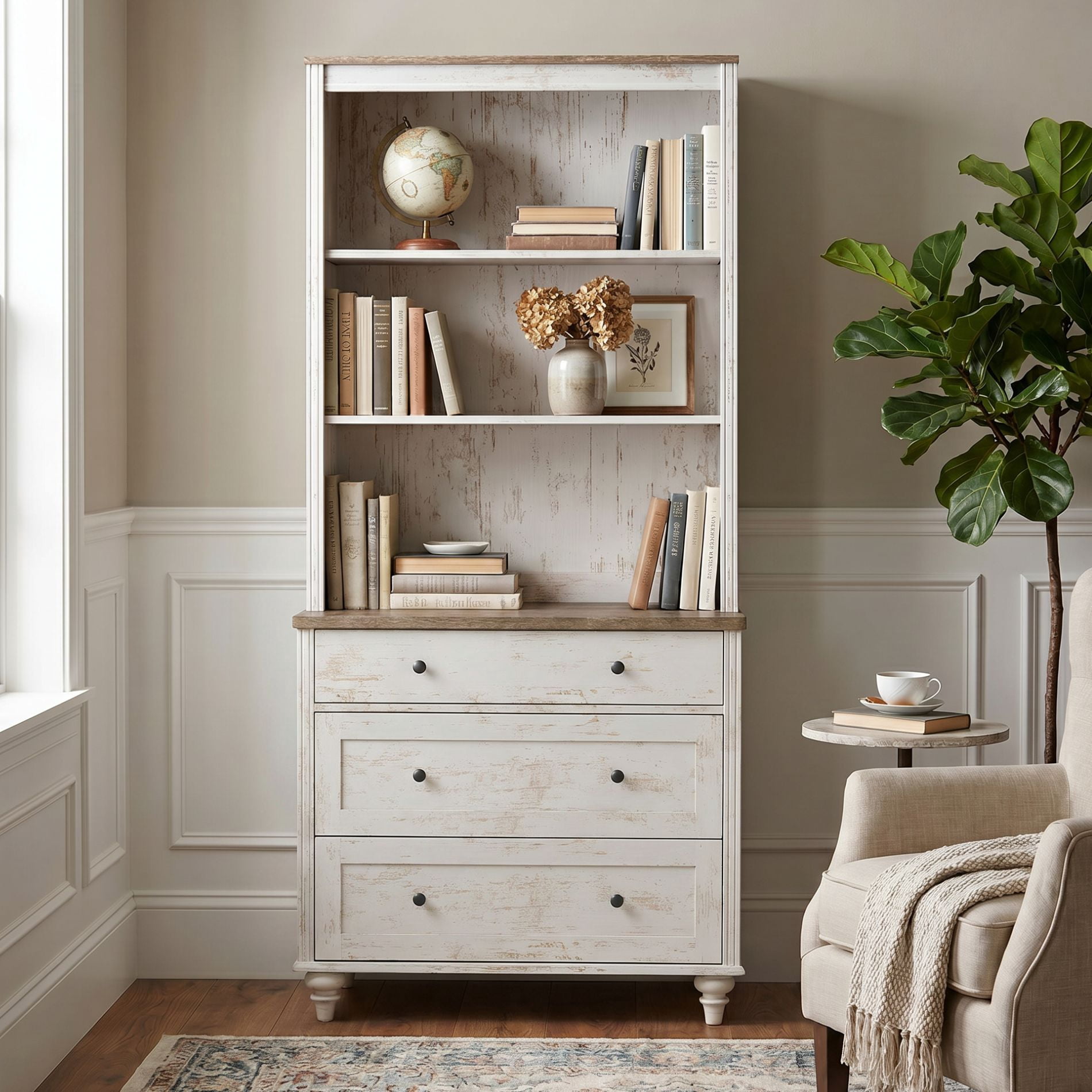 Farmhouse 5 Tier Bookcase With 3 Drawers, Rustic White, 33.9" W