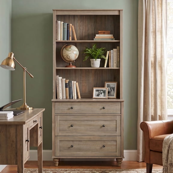 Farmhouse 5 Tier Bookcase With 3 Drawers, Wash Gray, 33.9" W