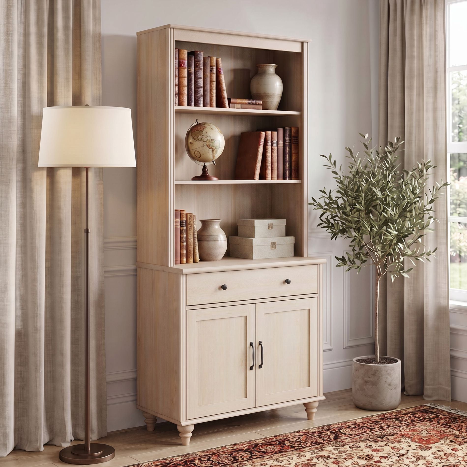 Farmhouse 5 Tier Bookcase With Drawer & Doors, Beige, 33.9" W