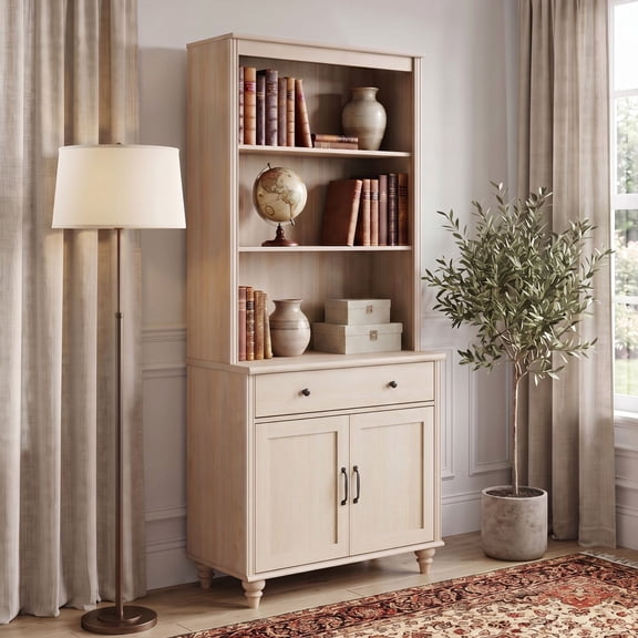 Farmhouse 5 Tier Bookcase With Drawer & Doors, Beige, 33.9" W