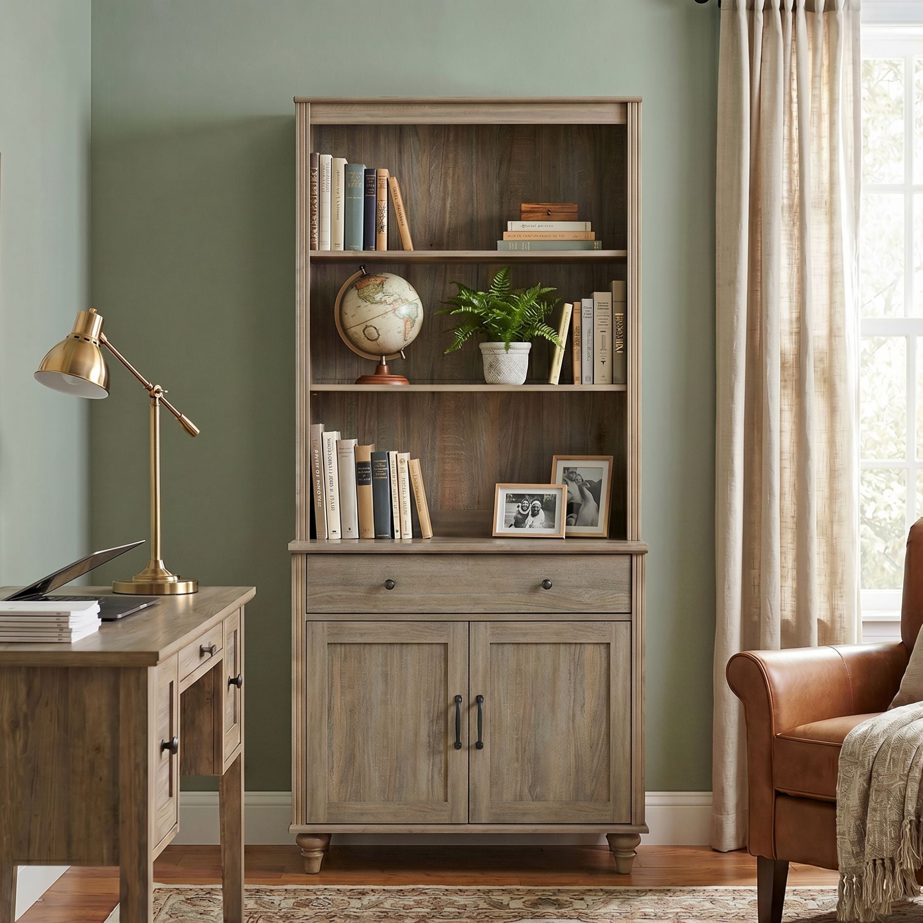 Farmhouse 5 Tier Bookcase With Drawer & Doors, Wash Gray, 33.9" W