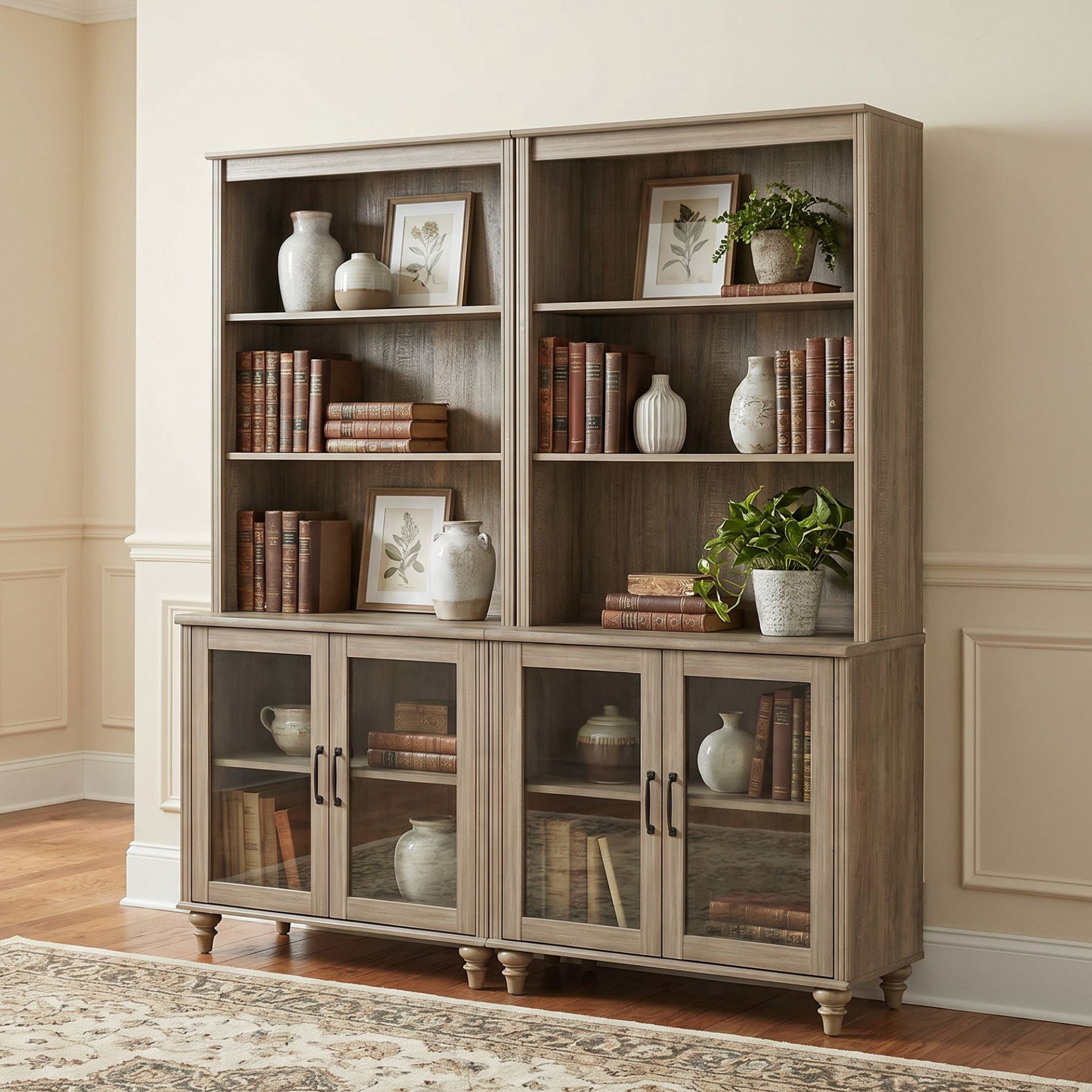 Farmhouse 5 Tier Bookcase With 4 Glass Doors, Wash Gray, 67.7" W