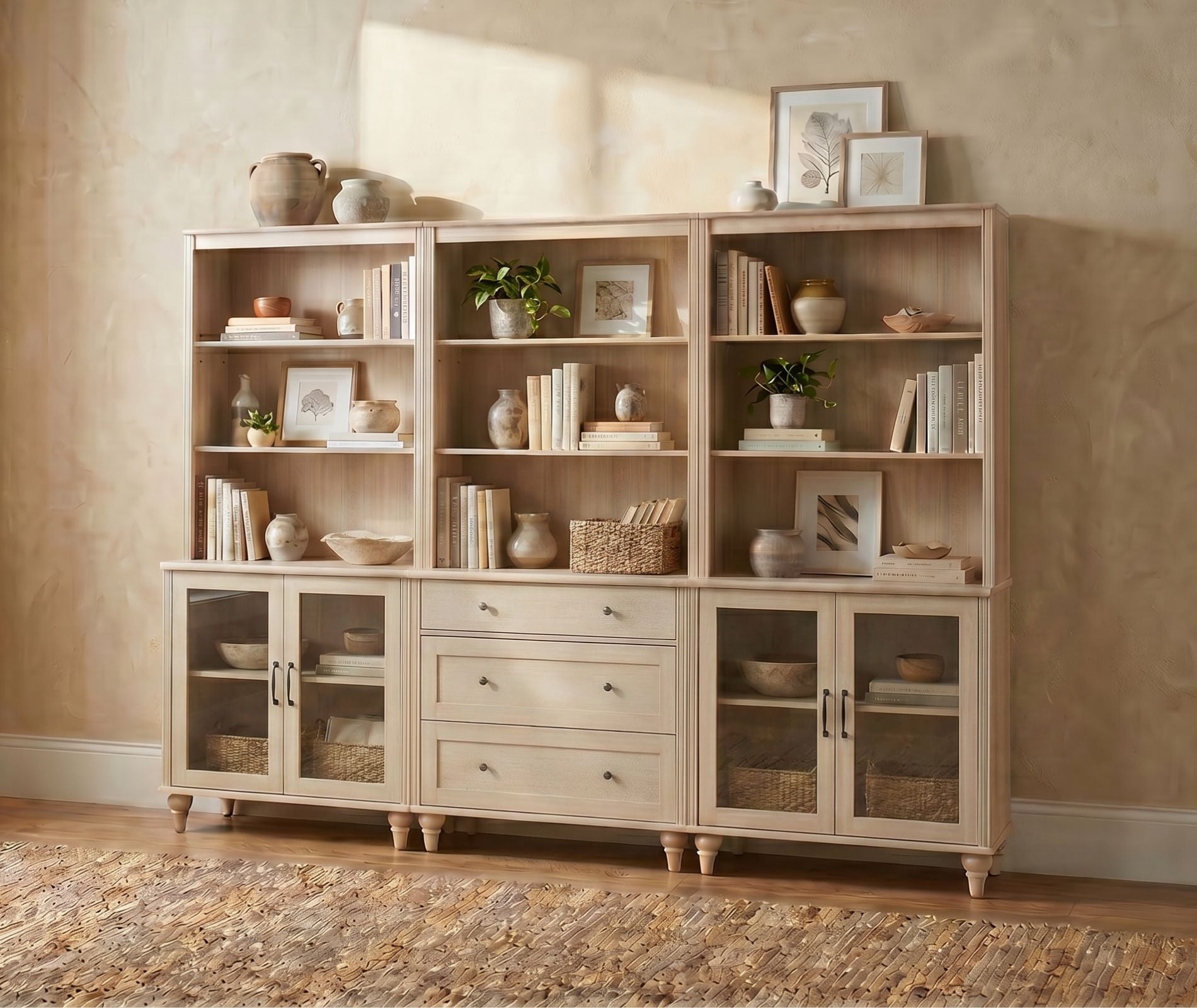 Farmhouse 5 Tier Bookcase With 4 Glass Doors and 3 Drawers, Beige, 101.6" W