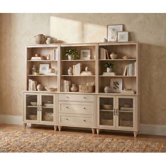 Farmhouse 5 Tier Bookcase With 4 Glass Doors and 3 Drawers, Beige, 101.6" W