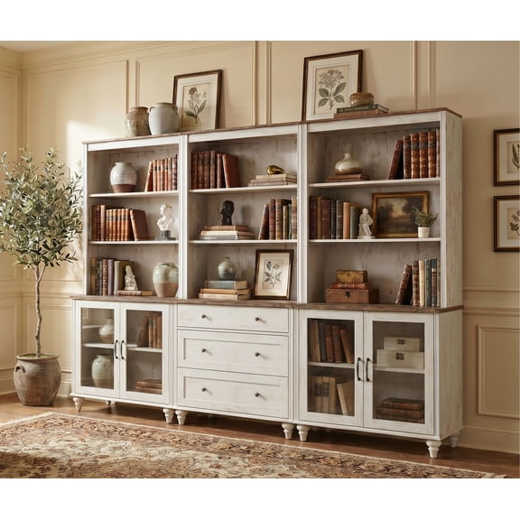 Farmhouse 5 Tier Bookcase With 4 Glass Doors and 3 Drawers, Rustic White, 101.6" W