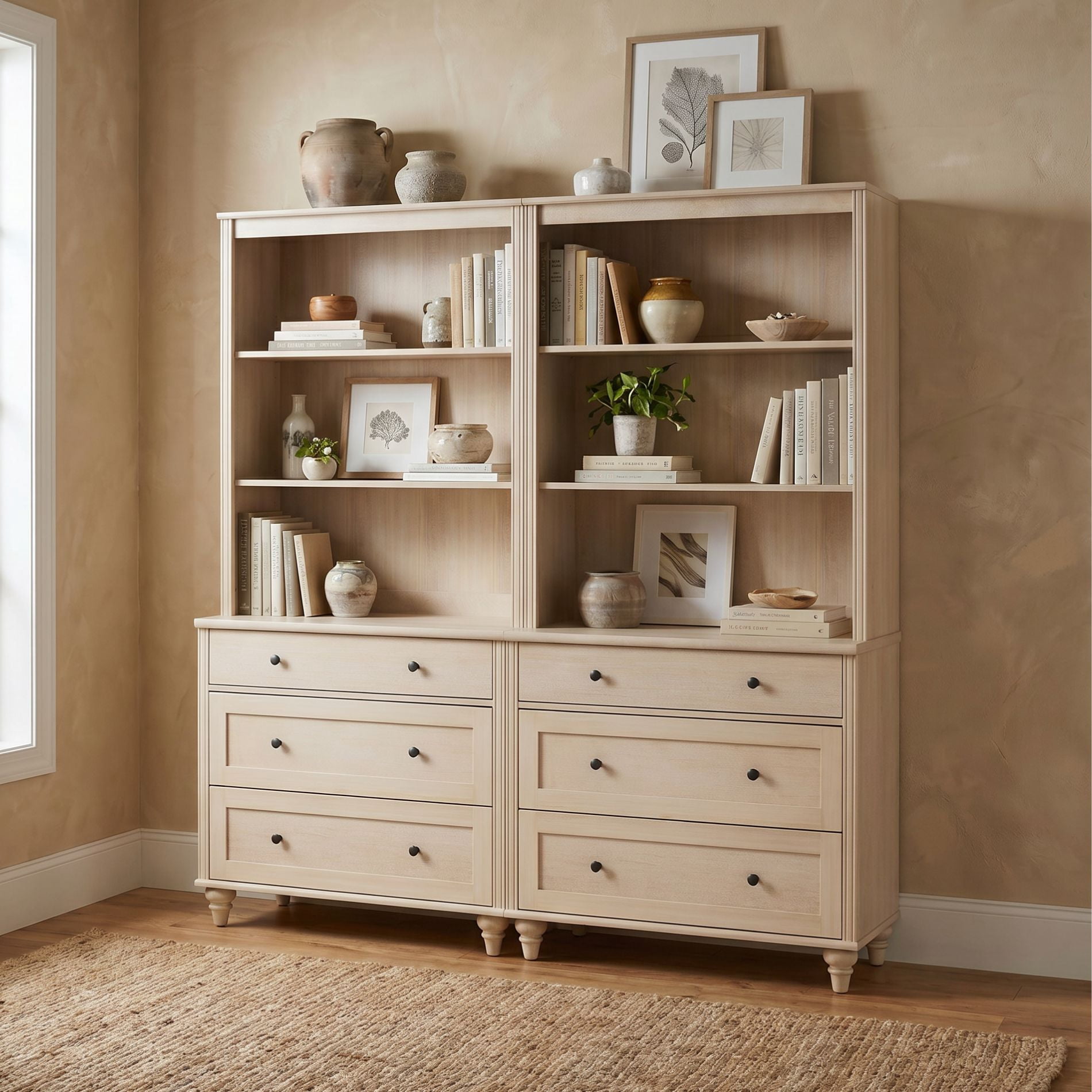 Farmhouse 5 Tier Bookcase With 6 Drawers, Beige, 67.7" W