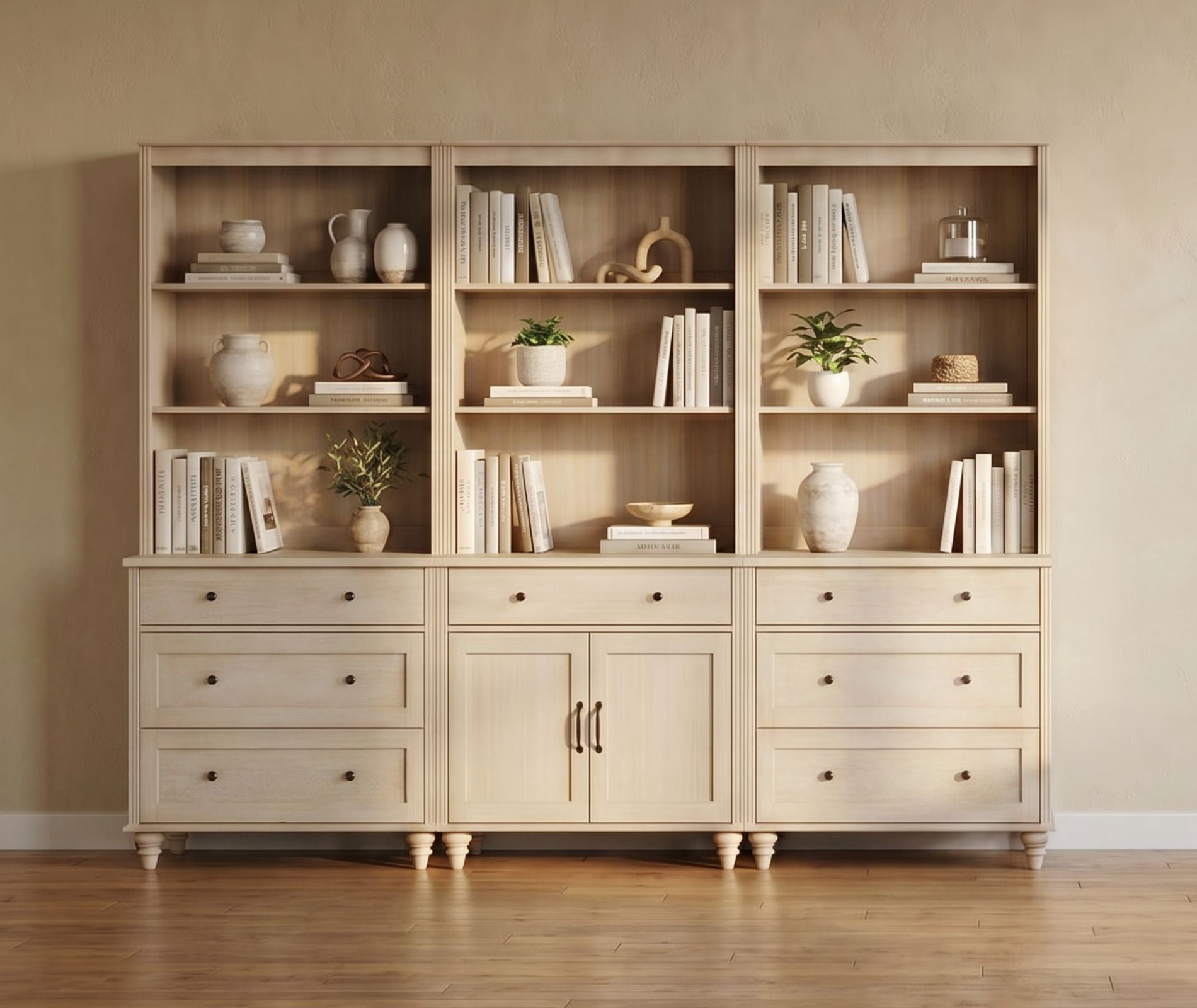 Farmhouse 5 Tier Bookcase With 7 Drawers and 2 Doors, Beige, 101.6" W