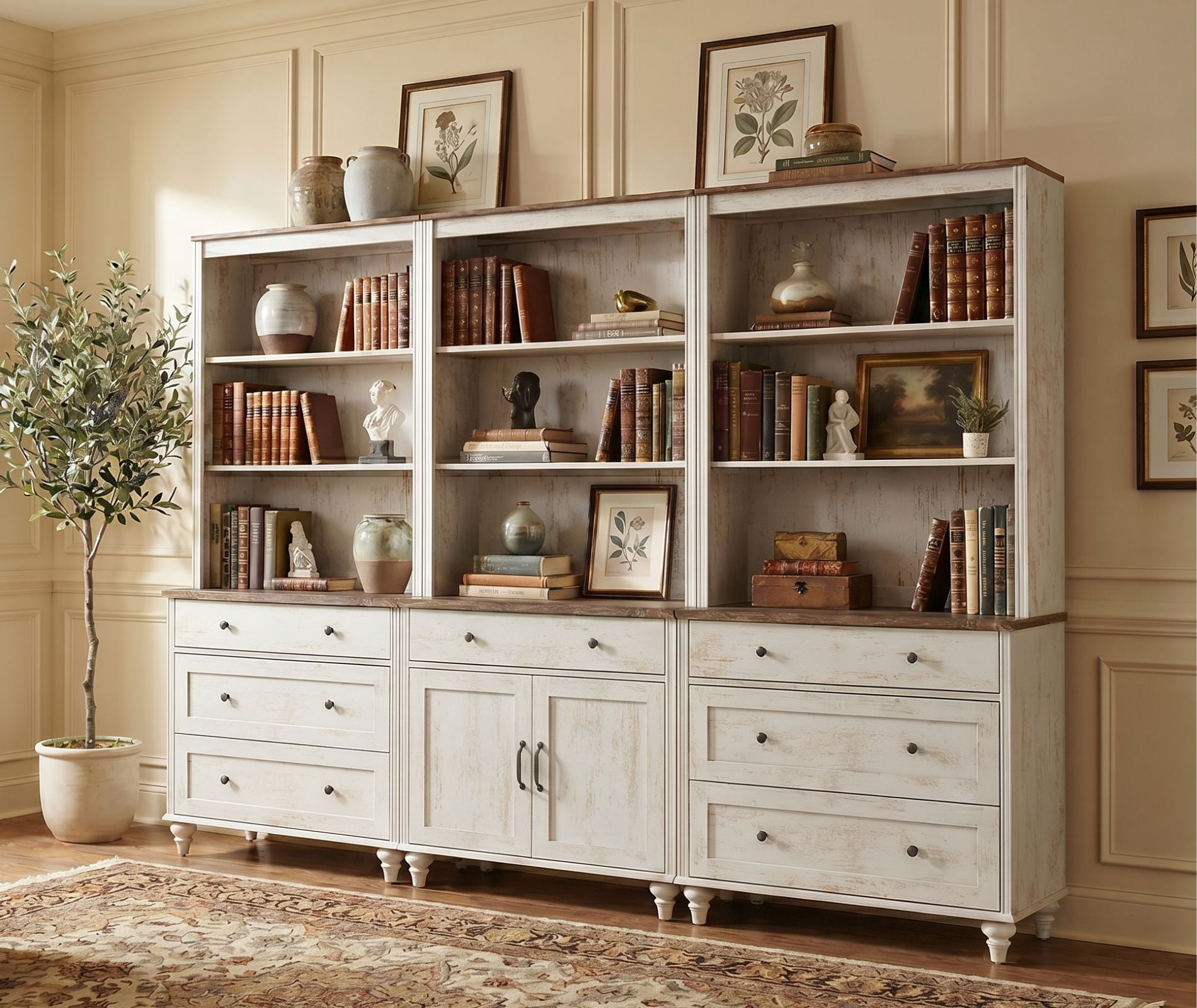 Farmhouse 5 Tier Bookcase With 7 Drawers and 2 Doors, Rustic White, 101.6" W