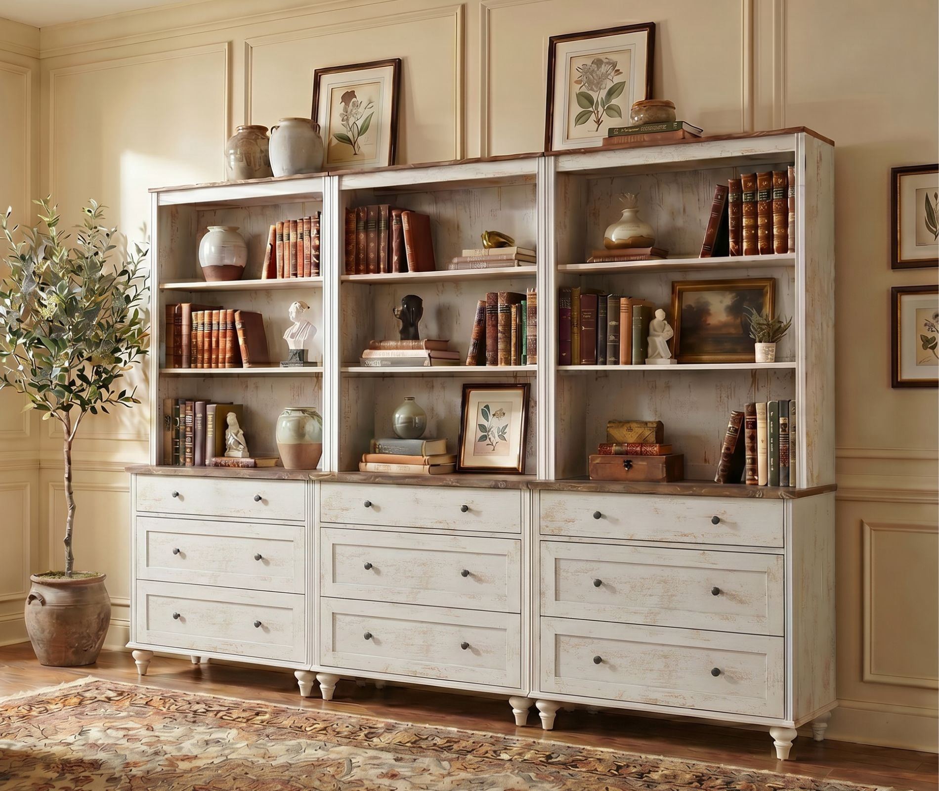 Farmhouse 5 Tier Bookcase With 9 Drawers, Rustic White, 101.6" W