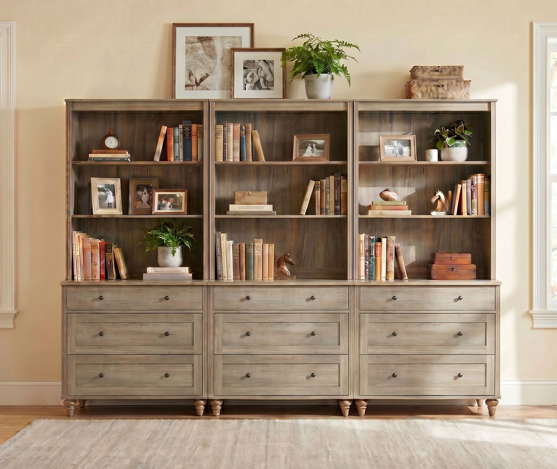 Farmhouse 5 Tier Bookcase With 9 Drawers, Wash Gray, 101.6" W