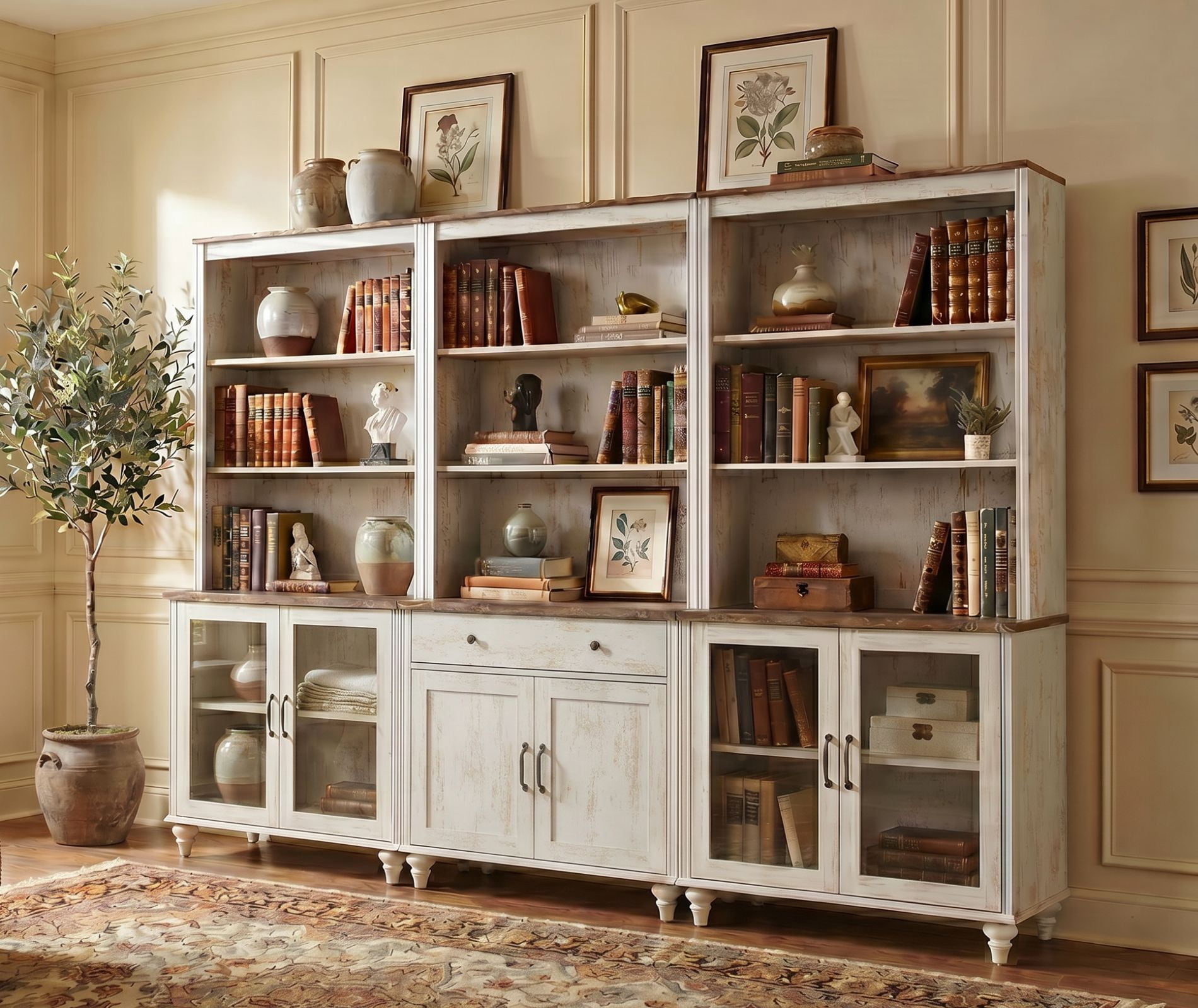 Farmhouse 5 Tier Bookcase With Doors & Drawer, Rustic White, 101.6" W