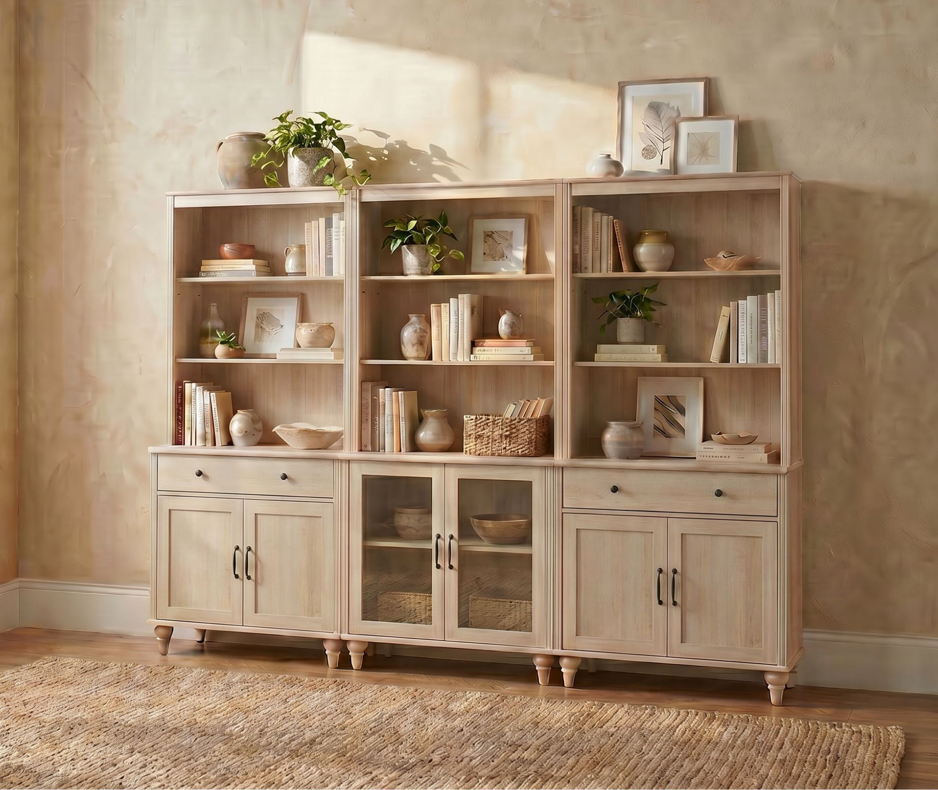 Farmhouse 5 Tier Bookcase With Doors & Drawers, Beige, 101.6" W
