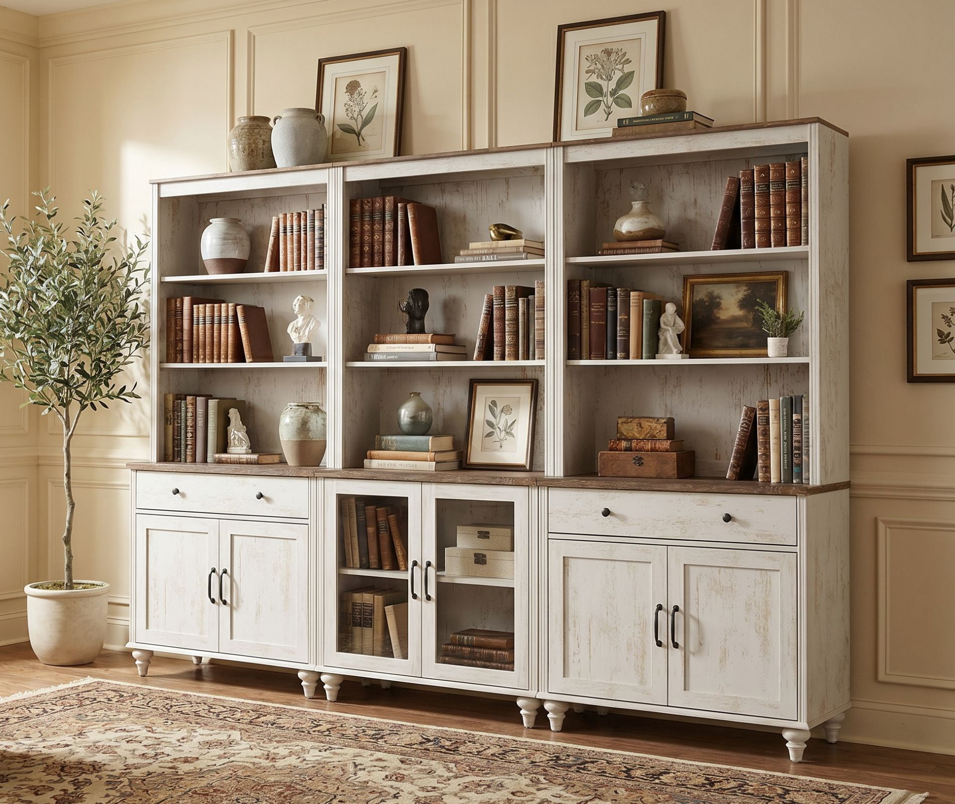 Farmhouse 5 Tier Bookcase With Doors & Drawers, Rustic White, 101.6" W