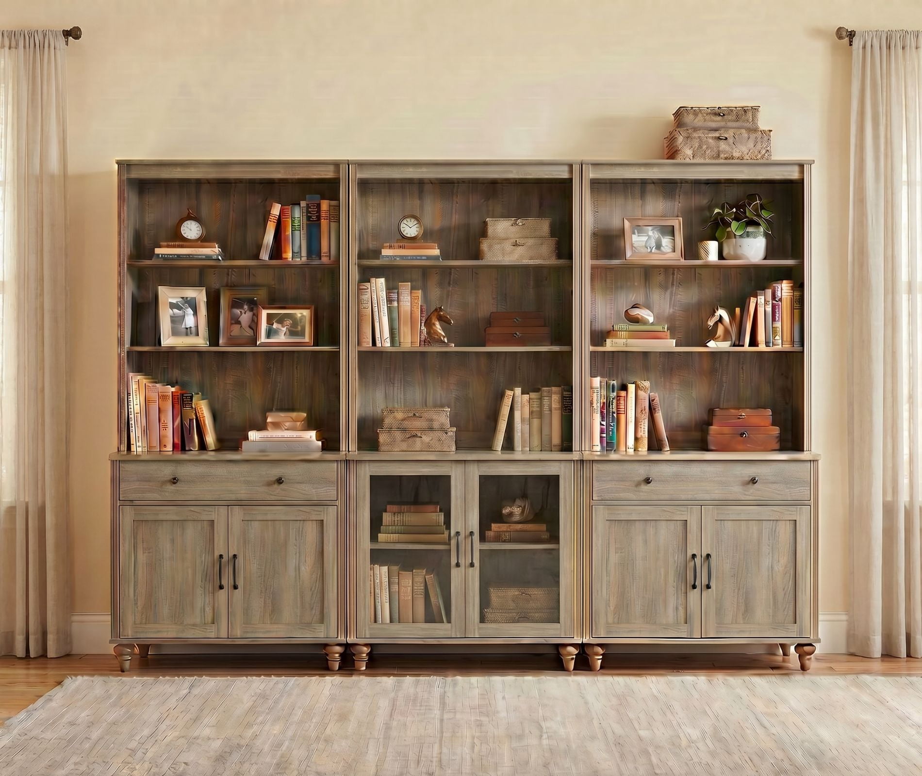 Farmhouse 5 Tier Bookcase With Doors & Drawers, Wash Gray, 101.6" W