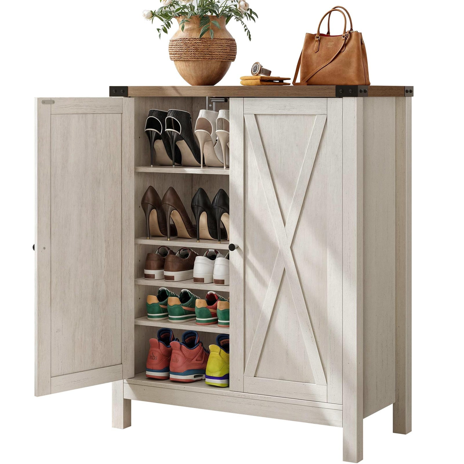 Farmhouse 5-Tier Shoe Cabinet Wooden Shoes Rack Organizer w/Doors for ...