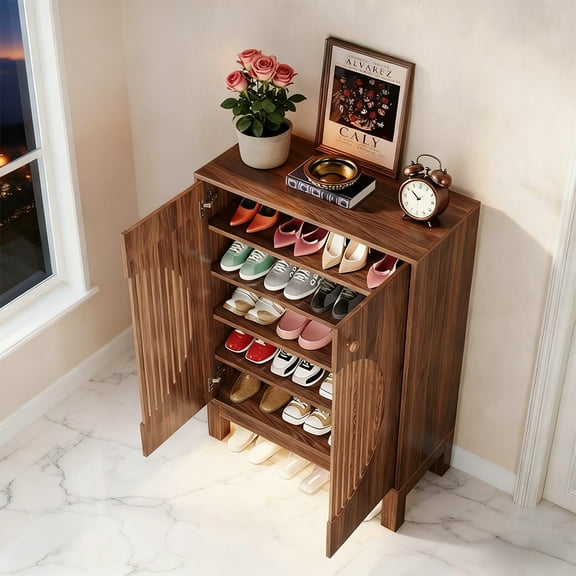 Farmhouse 5-Tier Wooden Shoe Cabinet With Round Louvered Doors, 20 Pairs Shoe Storage Organizer With Adjustable Shelves For Entryway, Hallway, Living Room