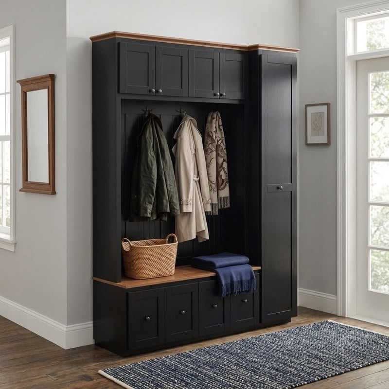 Farmhouse 5-in-1 Hall Tree with Pull-out Side Cabinet, Entryway Bench with 4 Drawers, Modern Coat Rack with Cabinets and Hooks for Mudroom