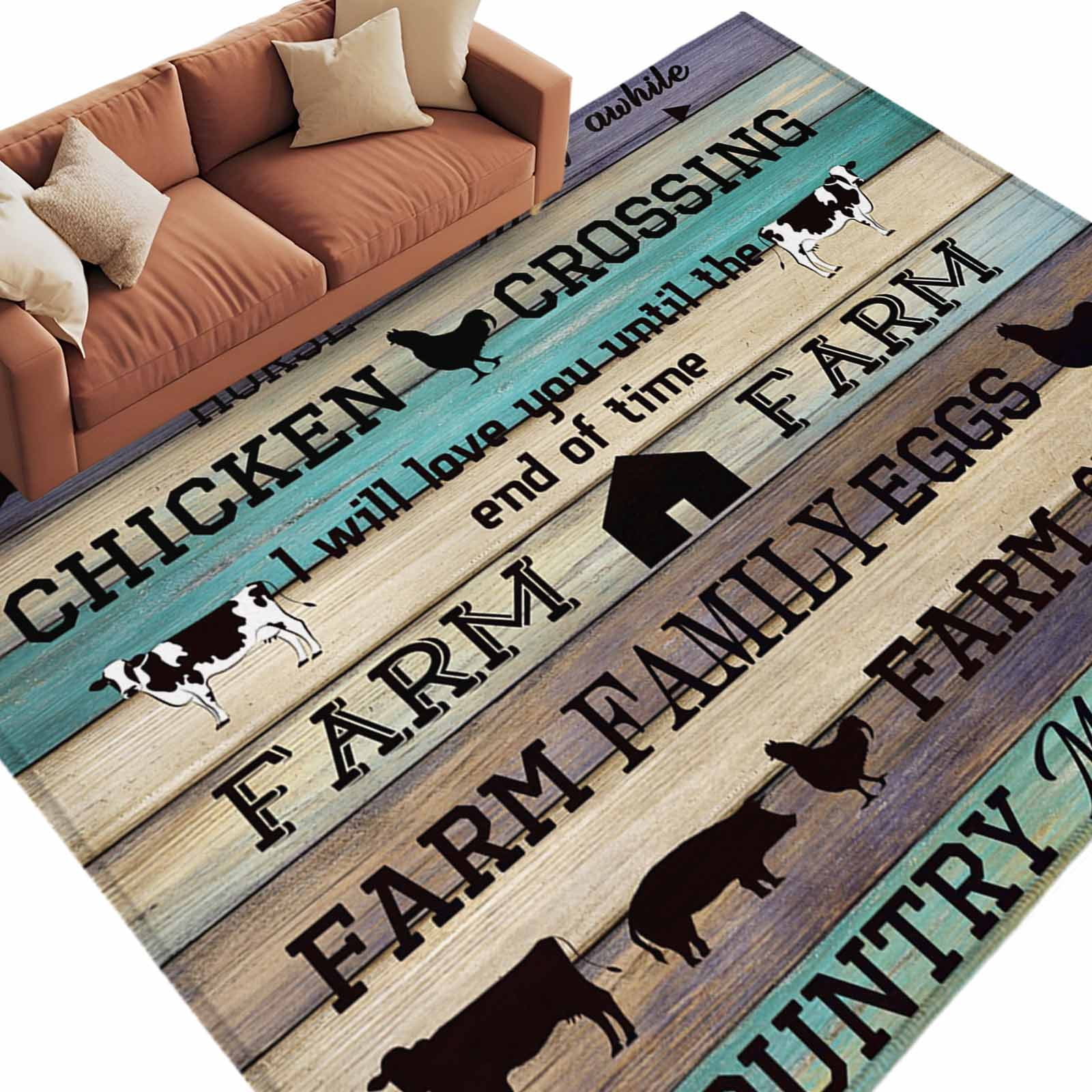 Chicken Area Rug Farmhouse 5'x8' Large Area Rugs Barn Cow Pig Chicken Brown Teal Ombre ...