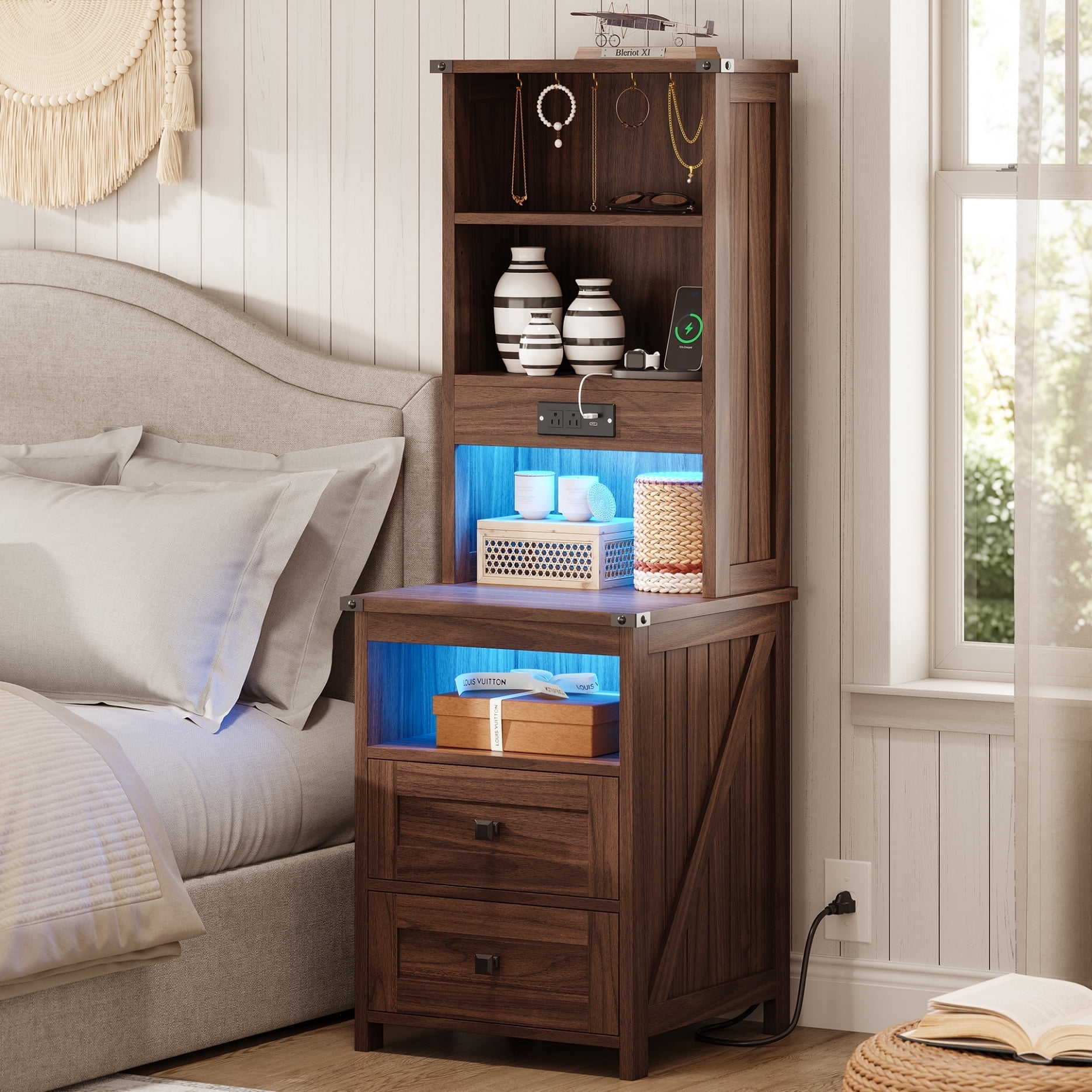 Farmhouse 51.6'' Tall Nightstand with Charging Station and LED Lights, Bed Side Table with 2 Drawers and Bookshelf & 6 Hooks, Easy to Assembly, Oak Brown