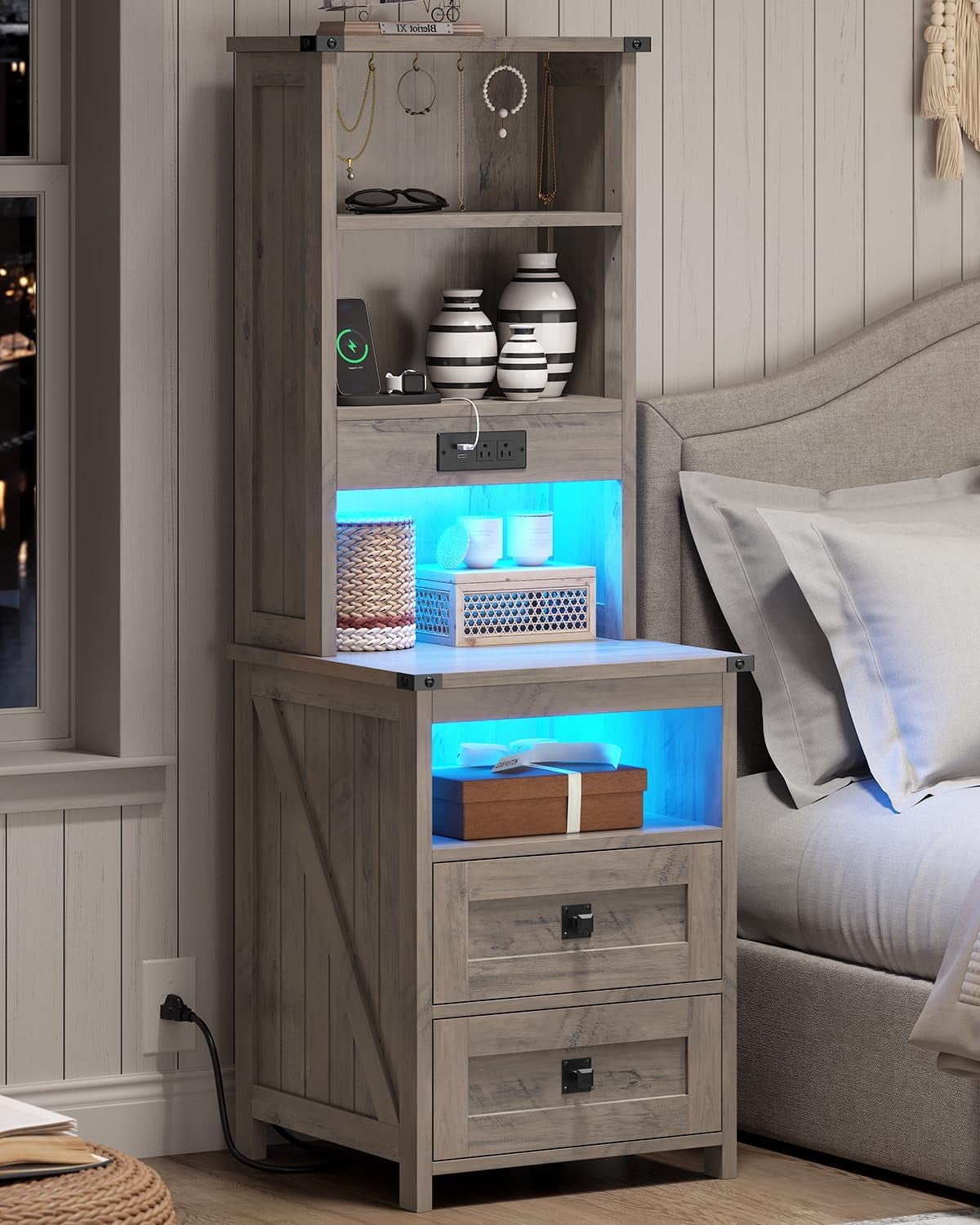 Farmhouse 51.6'' Tall Nightstand with Charging Station and LED Lights, Bed Side Table with 2 Drawers and Bookshelf & 6 Hooks, Easy to Assembly, Gray
