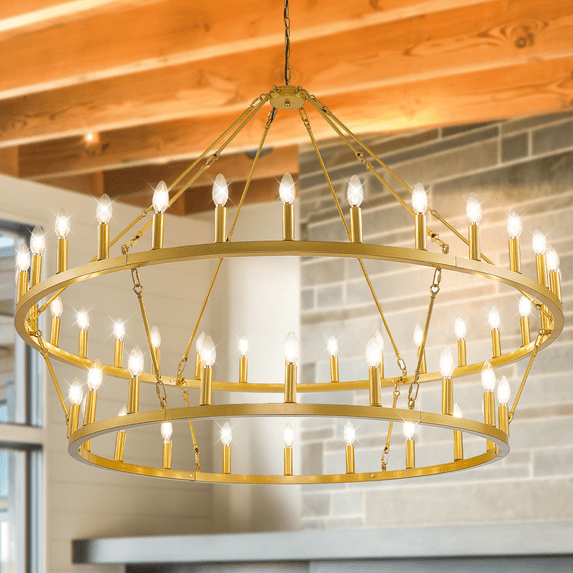 Farmhouse 54'' 2 Layer 48-Light Large Gold Wagon Wheel Chandelier for Porch,Living Room,High Ceiling