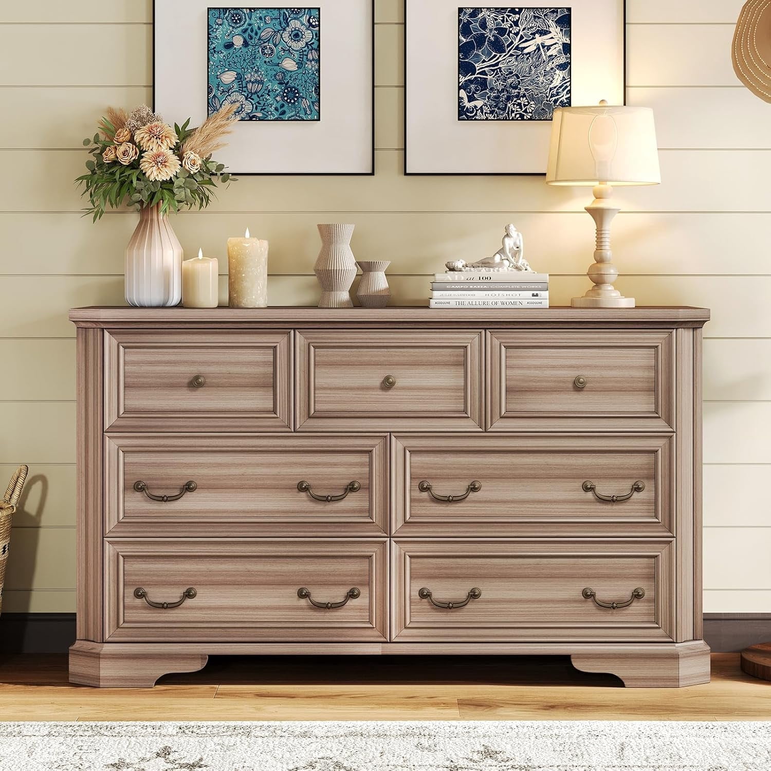 VANACC Farmhouse 54" Wide 7 Drawers Dresser for Bedroom, Wood Rustic Chest of Drawers, Closet, Hallway, Grey Walnut