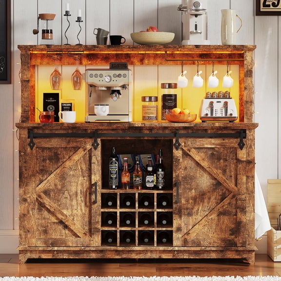 Farmhouse 55" Coffee Bar Cabinet with Power Outlet & LED Light, Sliding Barn Door Buffet Cabinet, Removable 12-Bottle Wine Rack & 2-Tier Storage Drawers for Kitchen, Dining Room & Living Room, Brown