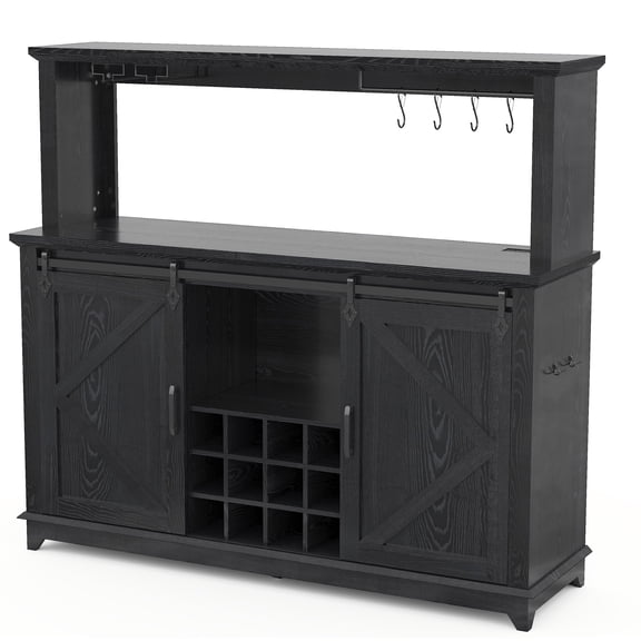 Farmhouse 55" Coffee Bar Cabinet with Sliding Barn Door & Power Outlet & LED Light, Large Kitchen Hutch with Sliding Barn Door, Tall Bar Cabinets with Storage Drawers & 12 Wine Bottle Rack