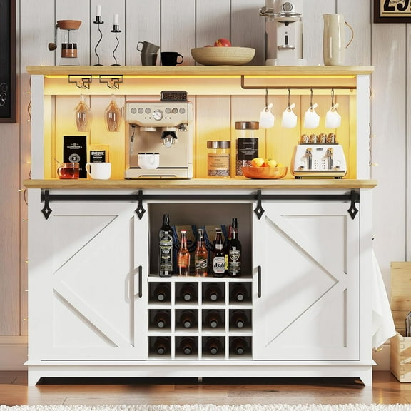 Farmhouse 55" Coffee Bar Cabinet with Sliding Barn Door & Power Outlet & LED Light, Large Kitchen Hutch with Sliding Barn Door, Tall Bar Cabinets with Storage Drawers & 12 Wine Bottle Rack