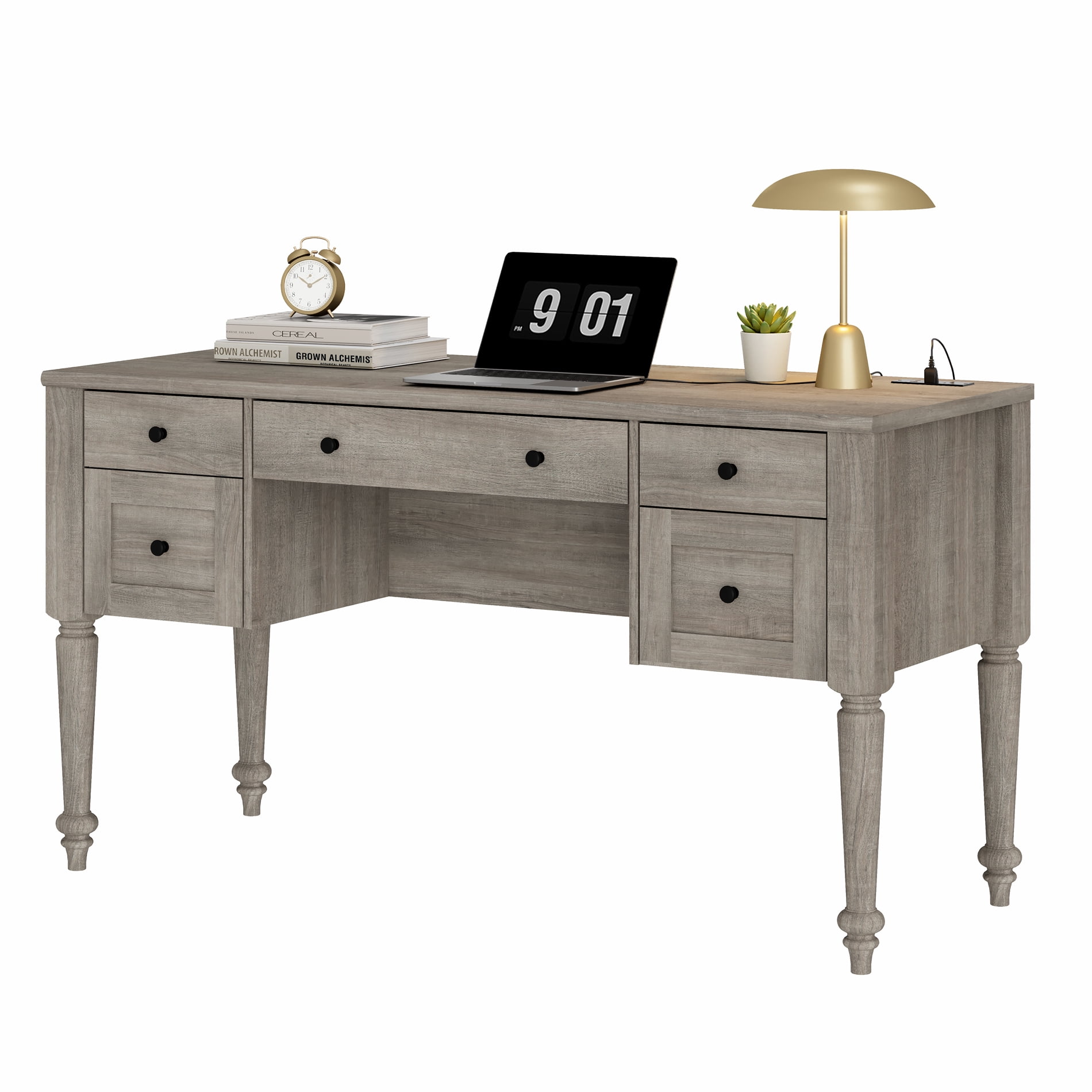 Farmhouse 56'' Executive Desk featuring 5 Drawers, Home Office Workstation with Built-in Charging Station, Wooden Computer Desk with Rear Storage Compartment, Wash Gray