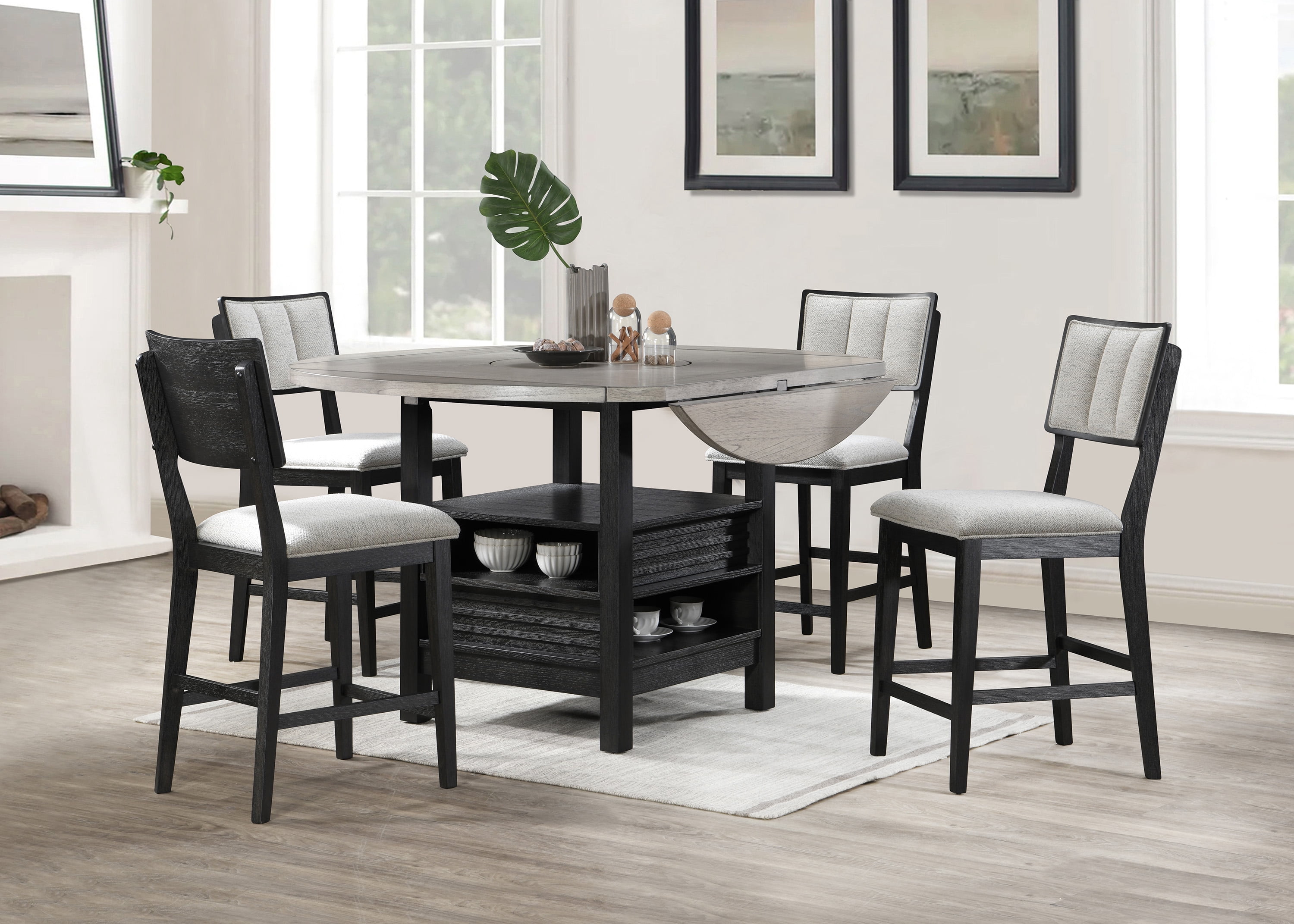 Farmhouse 5pc Counter Height Dining Set, Round Wood Table w/ Drop Leaf ...