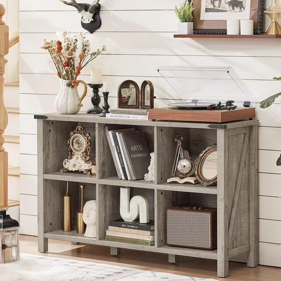 Farmhouse 6 Cube Bookshelf, Rustic Grey Oak Wooden Storage Organizer Book Shelf, 47 Inch Cubby Hallway Bookcase, Kids Toy Storage Cabinet, Modern Open Book Case for Living Room, Hallway