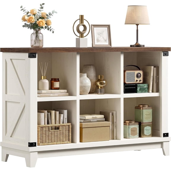 Farmhouse 6-Cube Storage Organizer for Living Room, White | Home Organization Lovers, Wood & Metal, Holds 286 Lbs, Anti-Tip & Stabilizers