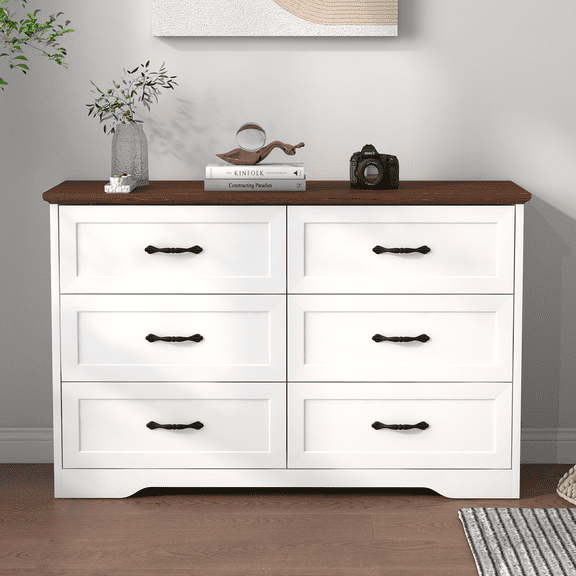 Farmhouse 6 Drawer Double Dresser, Wide Wood Dressers & Chests of Drawers 47.2" W x 15.7" D x 30.7" H, Large Storage Bedroom Dresser with Vintage Black Handle for Closet, Hallway - White and Brown