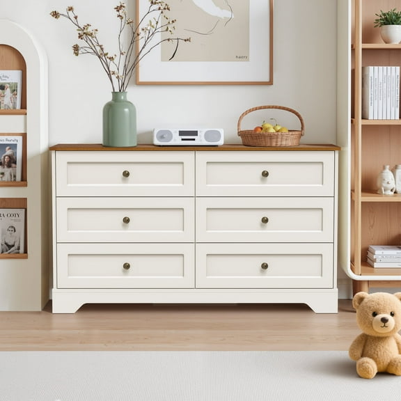 Farmhouse 6-Drawer Dresser, 52" White Wooden Chest of Drawers with Vintage Metal Handles, Large Bedroom Storage Organizer Cabinet, Rustic TV Stand for Living Room & Hallway